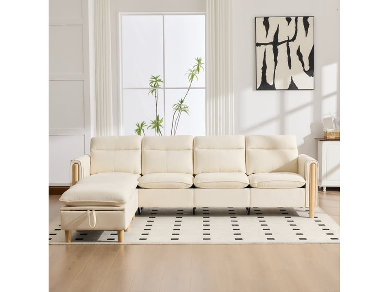  Canapé modulable 4 places beige en tissu avec 2 poufs de rangement, 261 cm, pour un salon familial organisé  - Conforama E