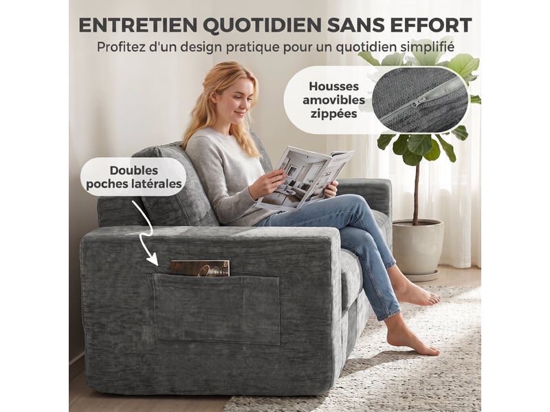 Canapé 2 places en chenille, canapé de salon 156 cm, assise et accoudoirs larges rembourrées, gris, 2 oreillers - Conforama W
