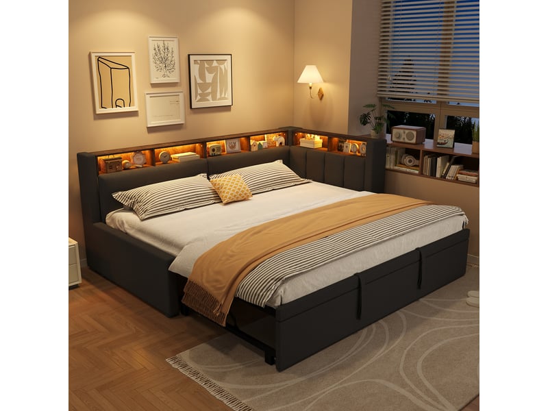  Canapé-lit extensible 90 x 200 à 180 x 200 cm avec led et rangement ouvert, lit banquette rembourré en lin gris avec tête de lit d’angle  - Conforama C