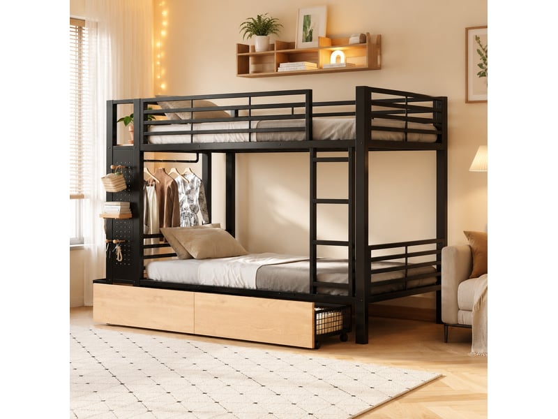 Lit superposé 90 × 200 cm avec 4 tiroirs, étagères, led, panneau perforé et porte-vêtements, sans matelas, noir - Conforama B
