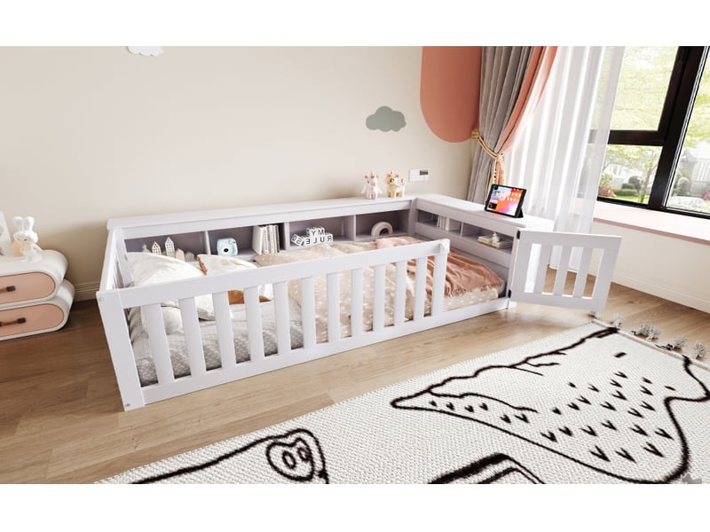  Lit enfant 90x200 cm avec sommier à lattes, lit simple avec plusieurs compartiments de rangement, lit simple en bois massif, blanc  - Conforama E