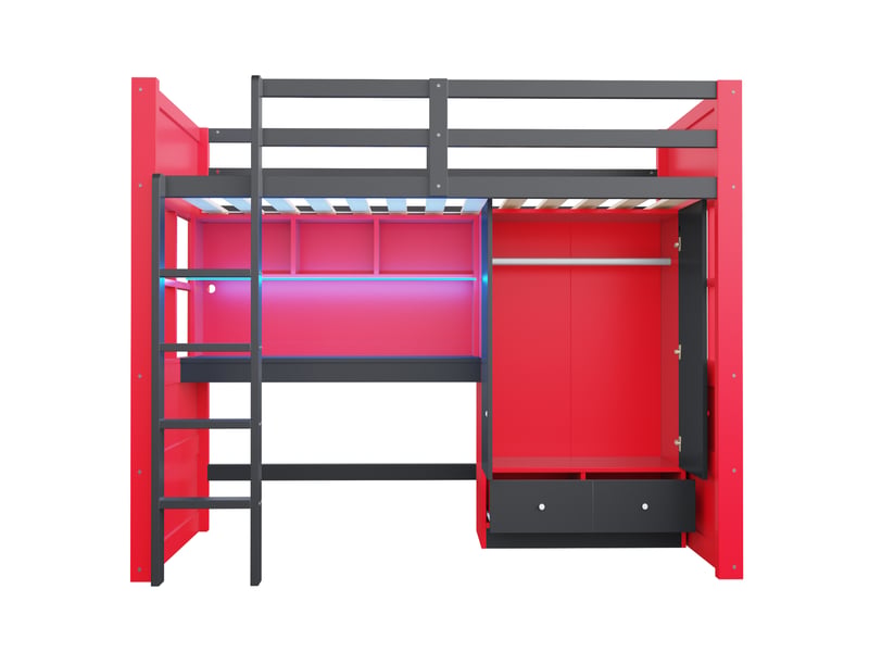  Lit mezzanine 90x200 cm avec bureau, armoire et rangement - lit enfant avec tiroirs et led - bois noir et rouge  - Conforama R
