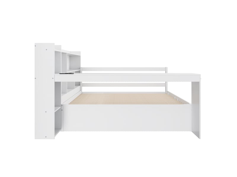 Lit banquette 140x200 cm bois massif blanc, bureau intégré, étagères, prise intégrée et lit gigogne multifonction - Conforama D