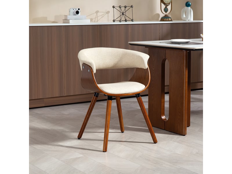  Chaise salle à manger tissu effet lin dossier courbé pieds bois beige  - Conforama C