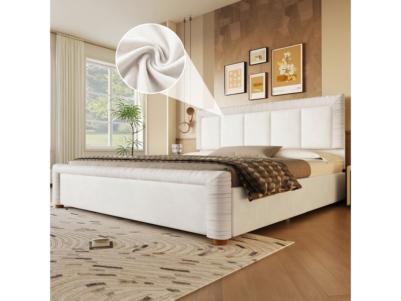  Lit coffre 180x200 cm en velours avec 2 tiroirs de rangement, lit double rembourré avec tête et pied de lit capitonnés, sommier inclus - beige  - Conforama B