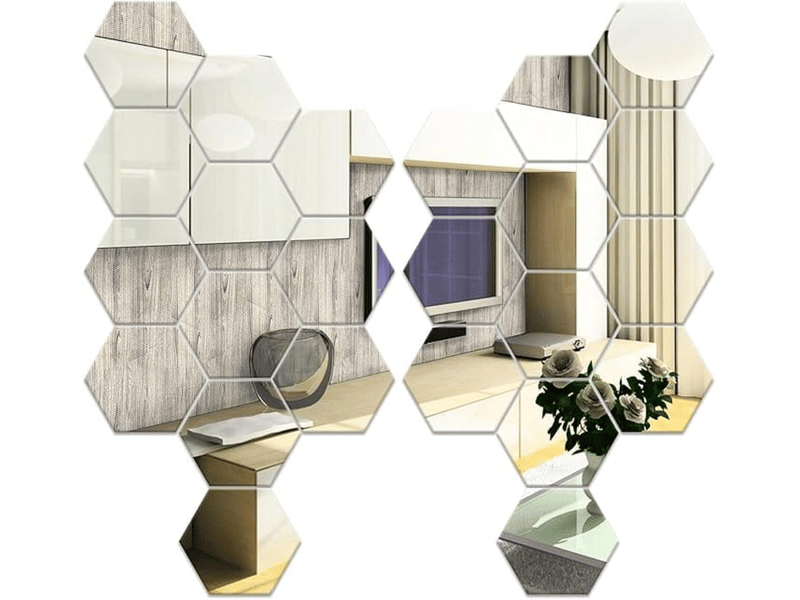  Miroir mural hexagonal 24 pièces, miroir mural adhésif argenté 46 × 40 × 23 mm, miroir mural autocollant hexagonal en acrylique  - Conforama A