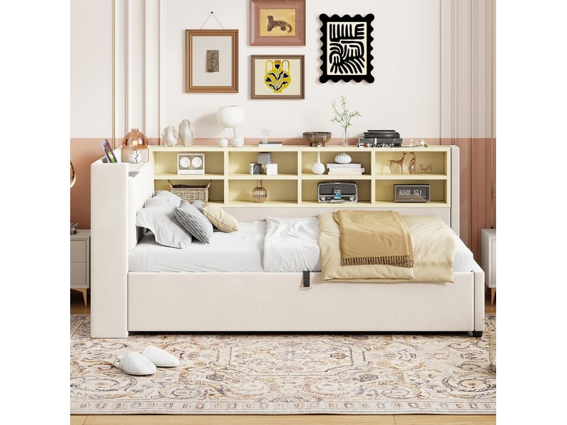 Lit coffre 90x200 cm avec éclairage nocturne et ports de charge, tête de lit multifonctionnelle, métal beige sans matelas  - Conforama B