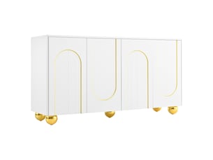 Buffet blanc 140 x 40 x 74 cm avec 4 portes, pieds en métal, 2 compartiments avec étagères, pour salon, salle à manger et entrée