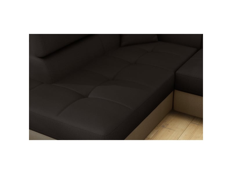 Canapé d'angle convertible menton beige et marron bouclette – angle gauche avec coffre - Conforama E