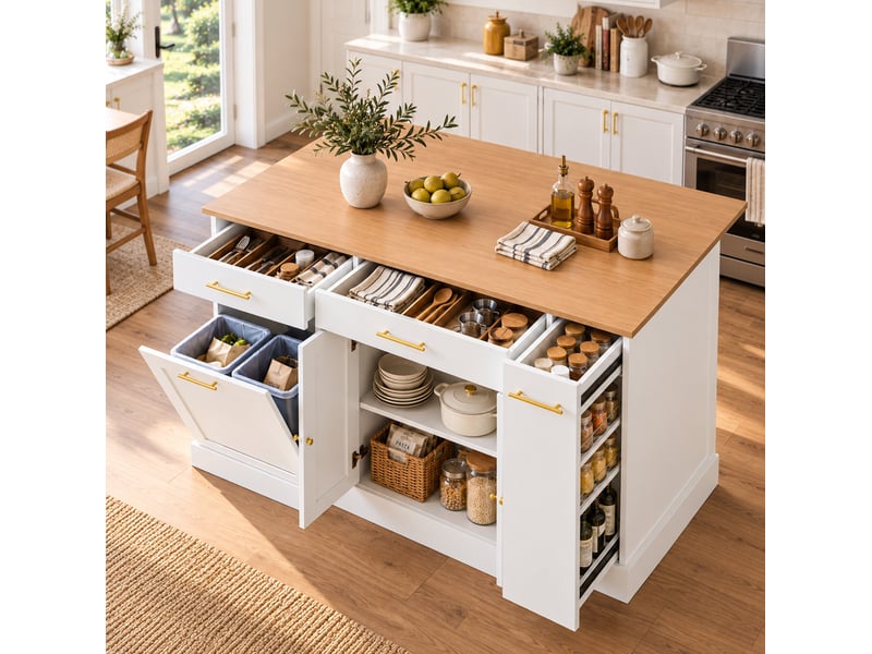 Îlot de cuisine 120x70x91,5 cm plateau rabattable panneau de particules blanc et naturel - Conforama D