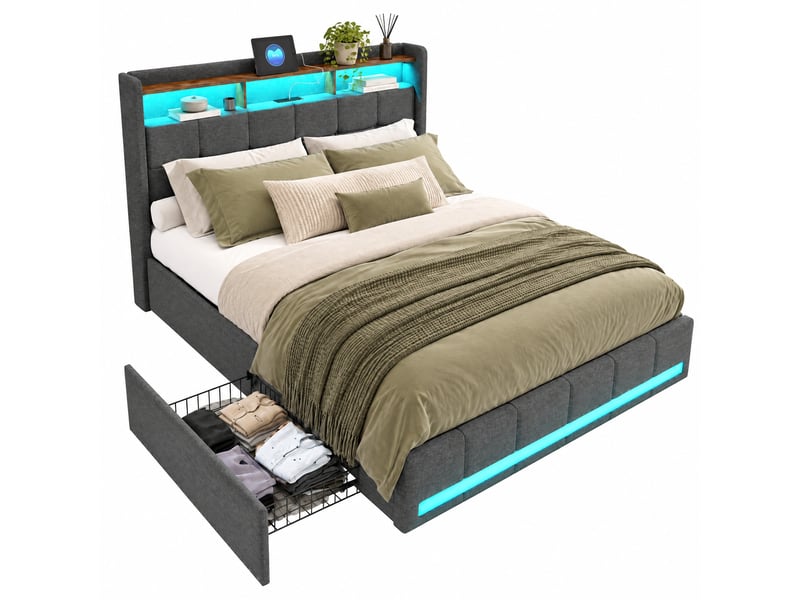  Lit coffre 140x190cm avec 4 tiroirs de rangement, tête de lit rangement, lit deux places, avec ports usb type-c, éclairage rvb, tissu lin gris, design moderne, matelas non inclus 240726YTT0302#ADHWncb55aFRHF - Conforama A