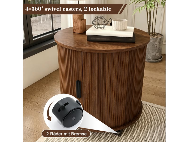  Table de chevet cylindrique, style mid-century, station de charge, porte coulissante, mdf coloris noyer, design moderne  - Conforama E