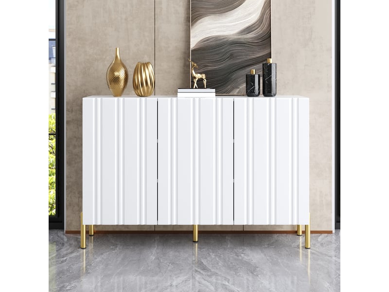 Sideboard 3 portes bois clair meuble de rangement buffet pb et mdf avec lignes verticales et pieds dorés - Conforama D