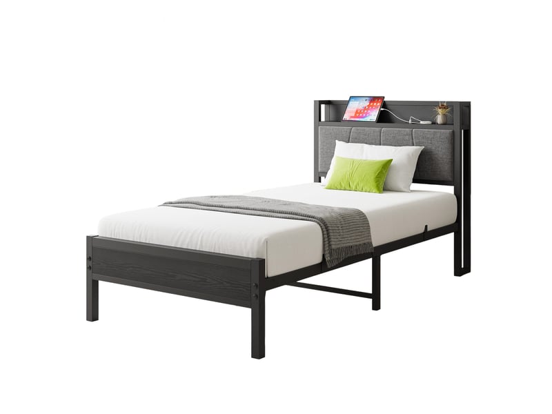  Lit 90x200 cm en métal, cadre de lit en métal noir avec tête de lit avec 1 prise et 2 ports de charge usb, sans matelas  - Conforama A