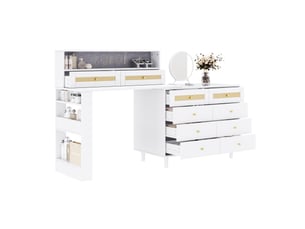 Coiffeuse blanche avec miroir, 10 tiroirs, rangement à bijoux et plateau en verre trempé, 105 × 50 × 107,5 cm