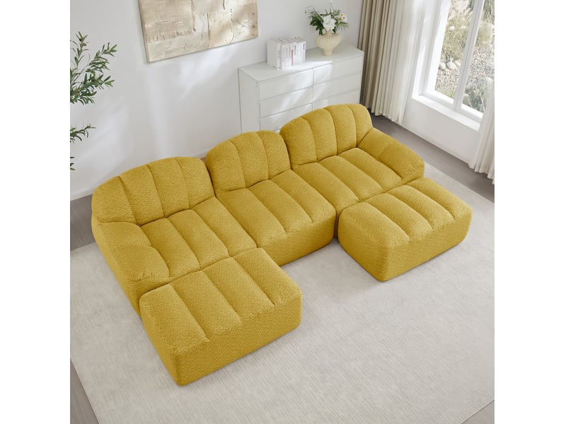 Canapé d'angle modulaire 3 places jaune en tissu bouclette avec 2 ottomans, pour salon convivial au quotidien - Conforama E