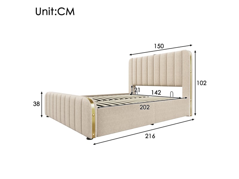  Lit coffre 140 x 200 cm beige en lin avec matelas, ports usb et type-c  - Conforama E