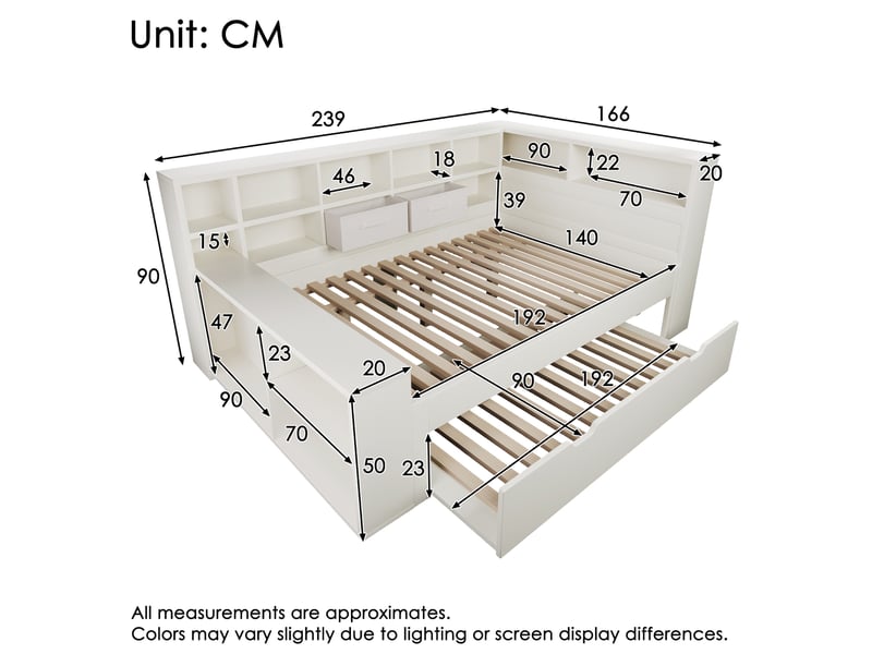  Lit gigogne 140x190 cm avec rangements et prises de charge, bois et panneau de particules, blanc, sans matelas  - Conforama C