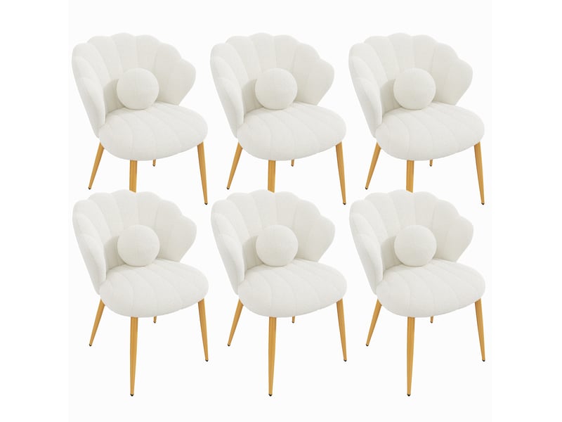  Lot de 6 chaises de salle à manger 60x62,5x83 cm blanches, tissu peluche, pieds métal doré, dossier coquille  - Conforama A