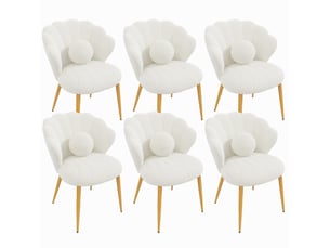 Lot de 6 chaises de salle à manger 60x62,5x83 cm blanches, tissu peluche, pieds métal doré, dossier coquille