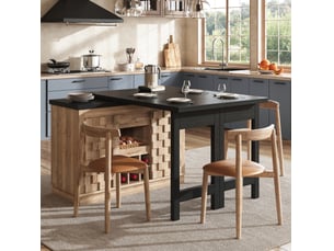 Îlot de cuisine pivotant à 360° avec table extensible 120 à 197 cm, rangement et casier à bouteilles
