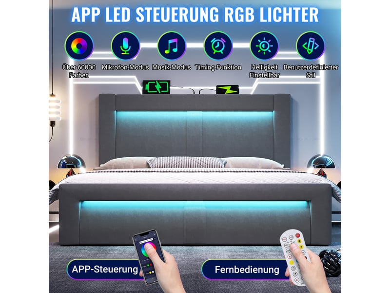  Lit coffre, lit double 160x200 cm, rangement hydraulique, led, usbusb-c, tête de lit incurvée, velours gris, matelas inclus  - Conforama E