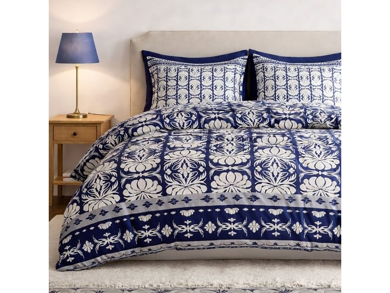  Parure housse de couette 260x240cm + 2 taies motif fleurs bleu et blanc 100% coton - lizio LIZIO - Conforama C