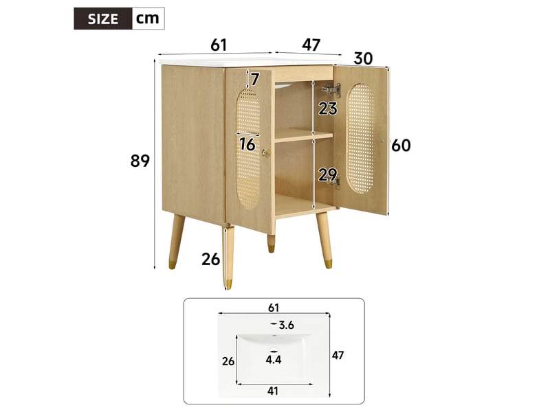 Meuble sous vasque 61 cm avec rangement et portes en rotin - lpospi - mdf et céramique naturel 61 × 47 × 89 cm  - Conforama D