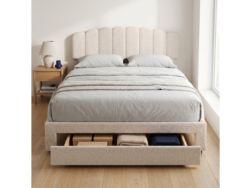  Lit adulte 140x200 cm avec tiroir et ports usb, lit double en tissu bouclette, tête de lit pétale, beige  - Conforama B