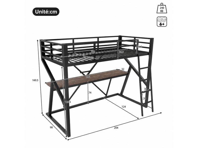  Lit mezzanine lit simple avec bureau, garde-corps, échelle et led, 90x200 cm en métal et mdf, sans matelas, noir  - Conforama D