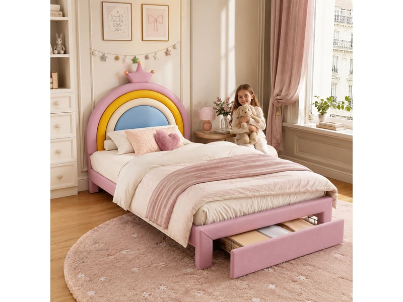  Lit enfant 90x200 cm avec tiroir au pied, lit rembourré avec tête arc-en-ciel couronne réglable sur 2 hauteurs, jusqu’à 150 kg, revêtement pu, rose OPULERANE TRADING LTD - Conforama B