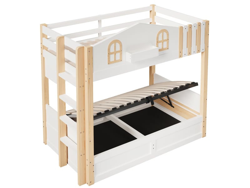 Lit superposé, 90 x 200 cm, design maison, rangement hydraulique, éclairage led, compartiment de rangement ouvert, échelle en position optionnelle, sans matelas, blanc et naturel - Conforama D