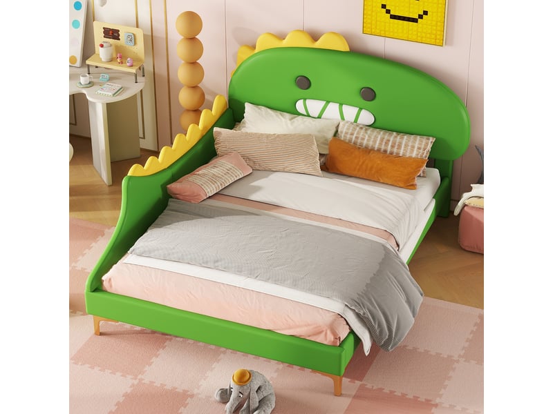  Lit enfant 140x200cm, lit double avec tête de lit en forme de dinosaure et sommier, pu vert, sans matelas  - Conforama B