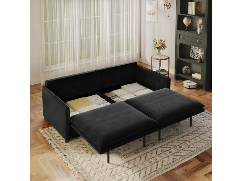Canapé-lit 3 places 206x91x86 cm 3-en-1, convertir, tissu couleur noir, mousse et bois, design moderne, confort optimal - Conforama E