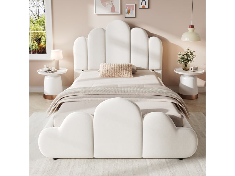  Lit enfant simple 90x200 cm avec tête de lit rembourrée, coins arrondis, velours beige evarich - Conforama E