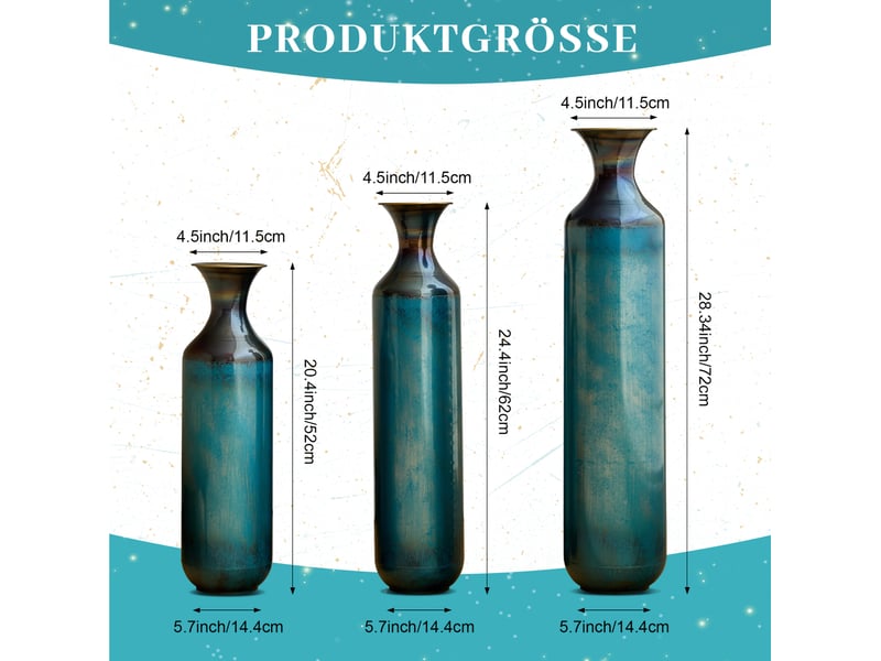 Vase décorative en métal faite main, hauteurs 526272 cm – bleu vert patiné – plantes sèches, non étanche - Conforama C