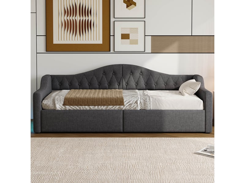  Lit capitonné 90x200 cm gris avec rangement sous le lit et éclairage led pour chambre moderne et confortable.  - Conforama D