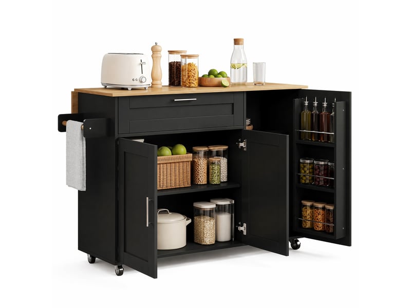  Desserte de cuisine 132,5 x 44 x 90 cm noire et naturelle en mdf, plan de travail rabattable et mobile  - Conforama A