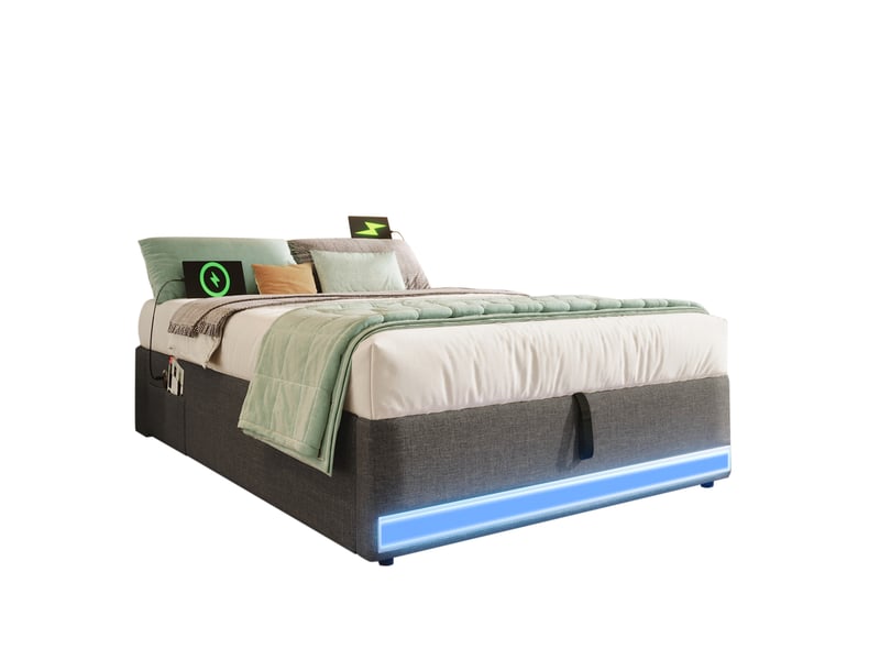  Lit capitonné 90*200cm, gris, sans matelas, led, usb type-c, rangement latéral, relevage hydraulique  - Conforama A