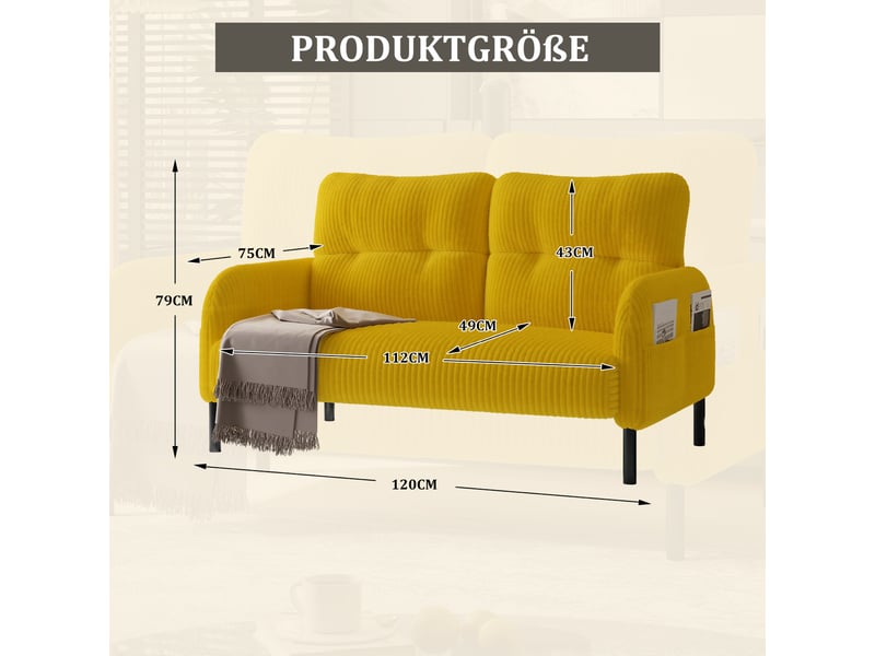  Canapé droit 2 places 120x75 cm avec poches latérales, velours côtelé jaune moutarde Morn Vibe - Conforama E