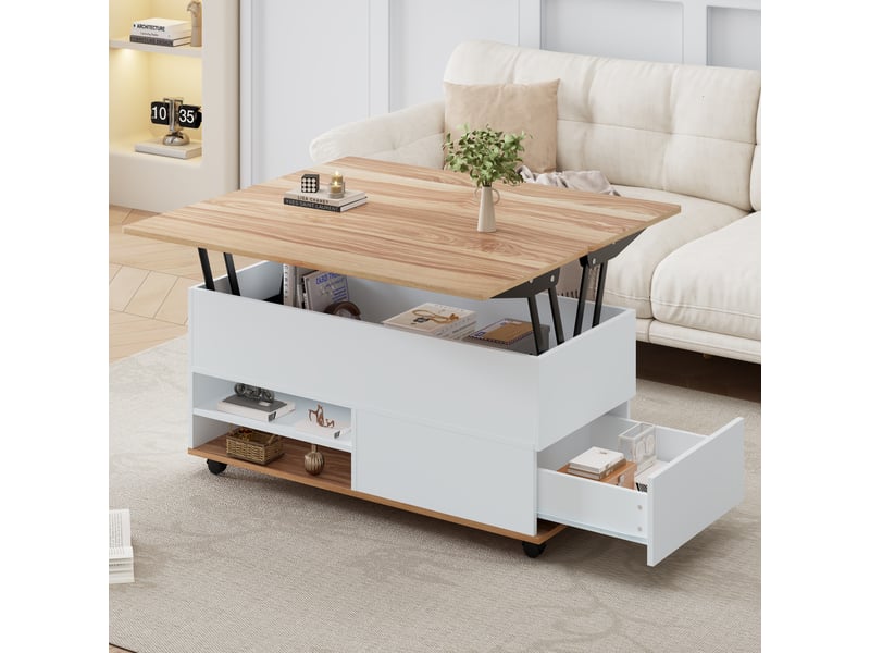  Table basse relevable 100x98x65 cm avec rangements (tiroir+placard) panneau particules, couleur bois et blanc  - Conforama D