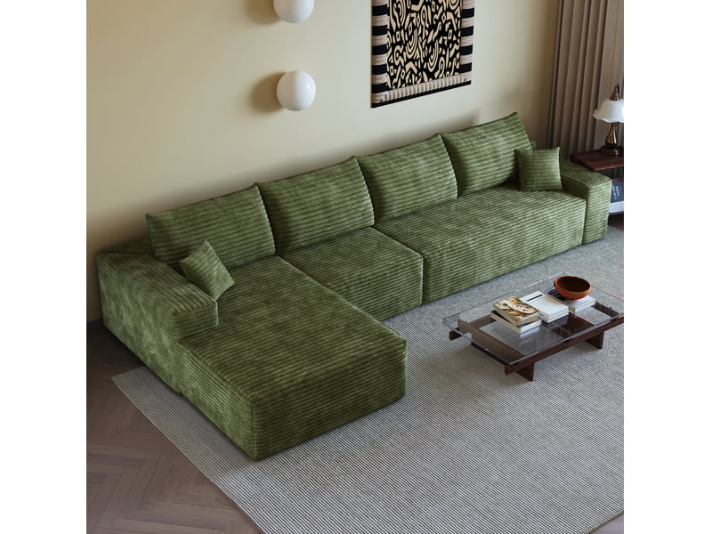  Canapé d'angle modulaire 4 places en velours côtelé vert, avec chaise longue, sans montage, confort moelleux  - Conforama B