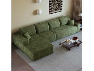 Canapé d'angle modulaire 4 places en velours côtelé vert, avec chaise longue, sans montage, confort moelleux