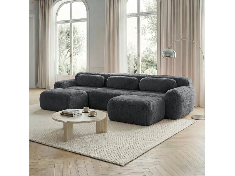  Canapé modulable en u 3 places gris en peluche, avec ottoman et coussins  - Conforama B