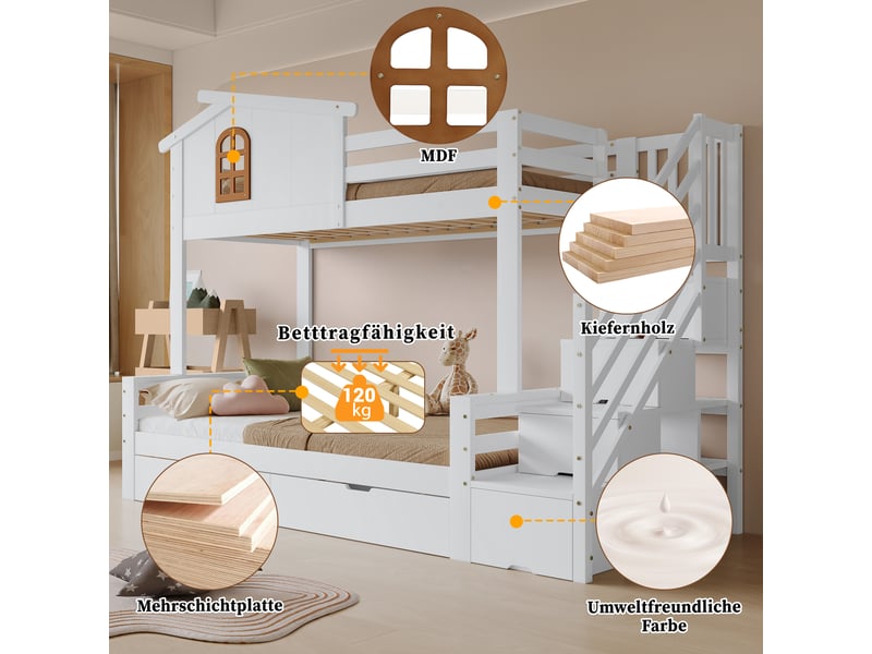  Lit superposé pour enfant, rangements, jolies fenêtres, échelle coin, 90x200cm&amp;120x200cm, blanc naturel  - Conforama C