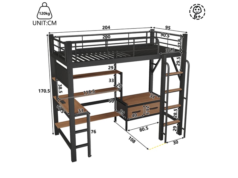 Lit mezzanine enfant 1 place 90×200 cm bureau, led réglable et usb - rangement, sans matelas métal mdf noir - Conforama D