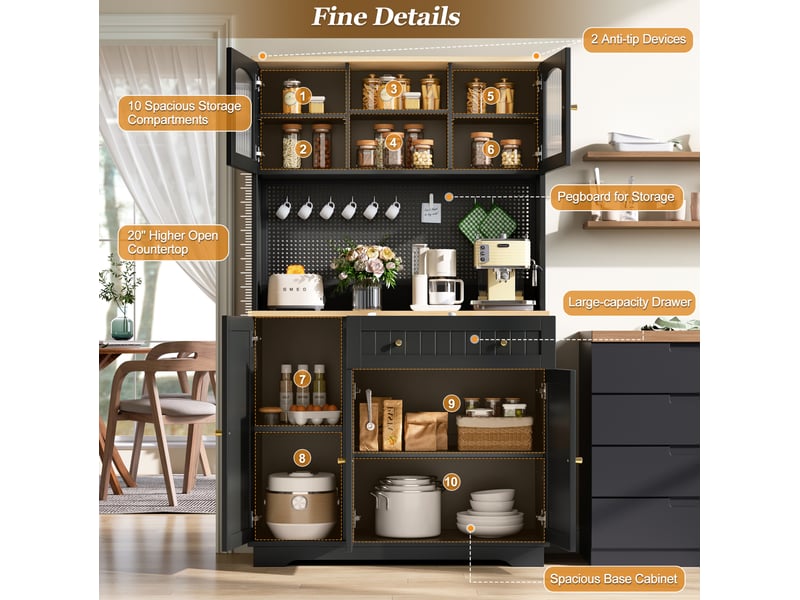  Buffet de cuisine haut avec étagères, 6 niches vitrées, tiroir et panneau perforé, noir, 103,5 × 40 × 180 cm  - Conforama E
