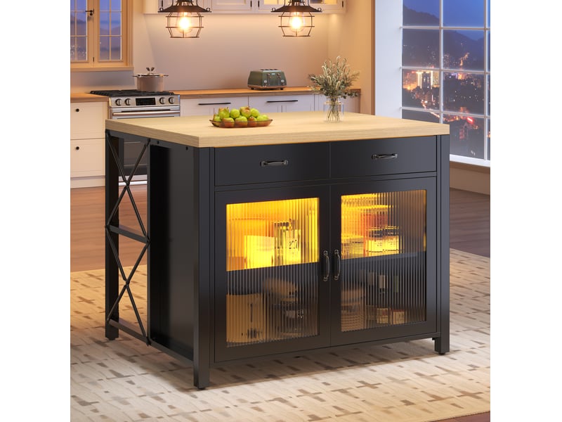  Îlot de cuisine led 100x80x90 cm avec portes vitrées et tiroirs, mdf, noir  - Conforama E