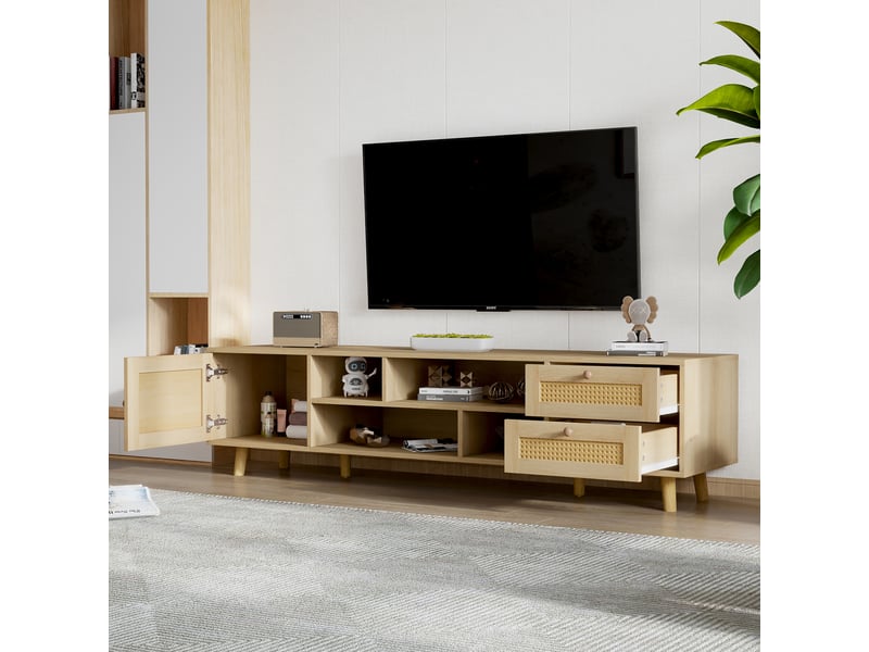  Meuble tv rotin 160 cm pour 70 pouces avec 2 tiroirs et 1 porte, chêne  - Conforama D