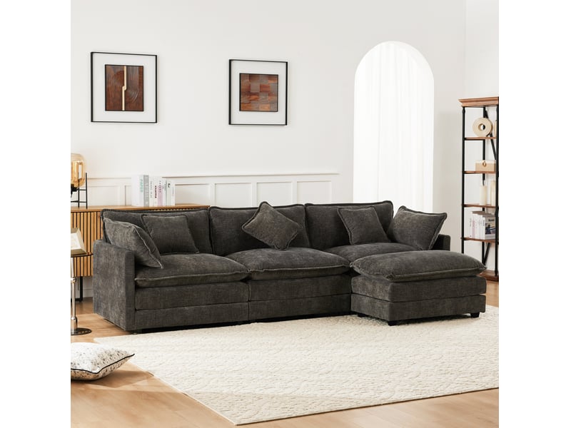  Canapé d'angle modenvie 3 places en chenille gris foncé avec repose-pieds mobile 283 x 147 cm  - Conforama E